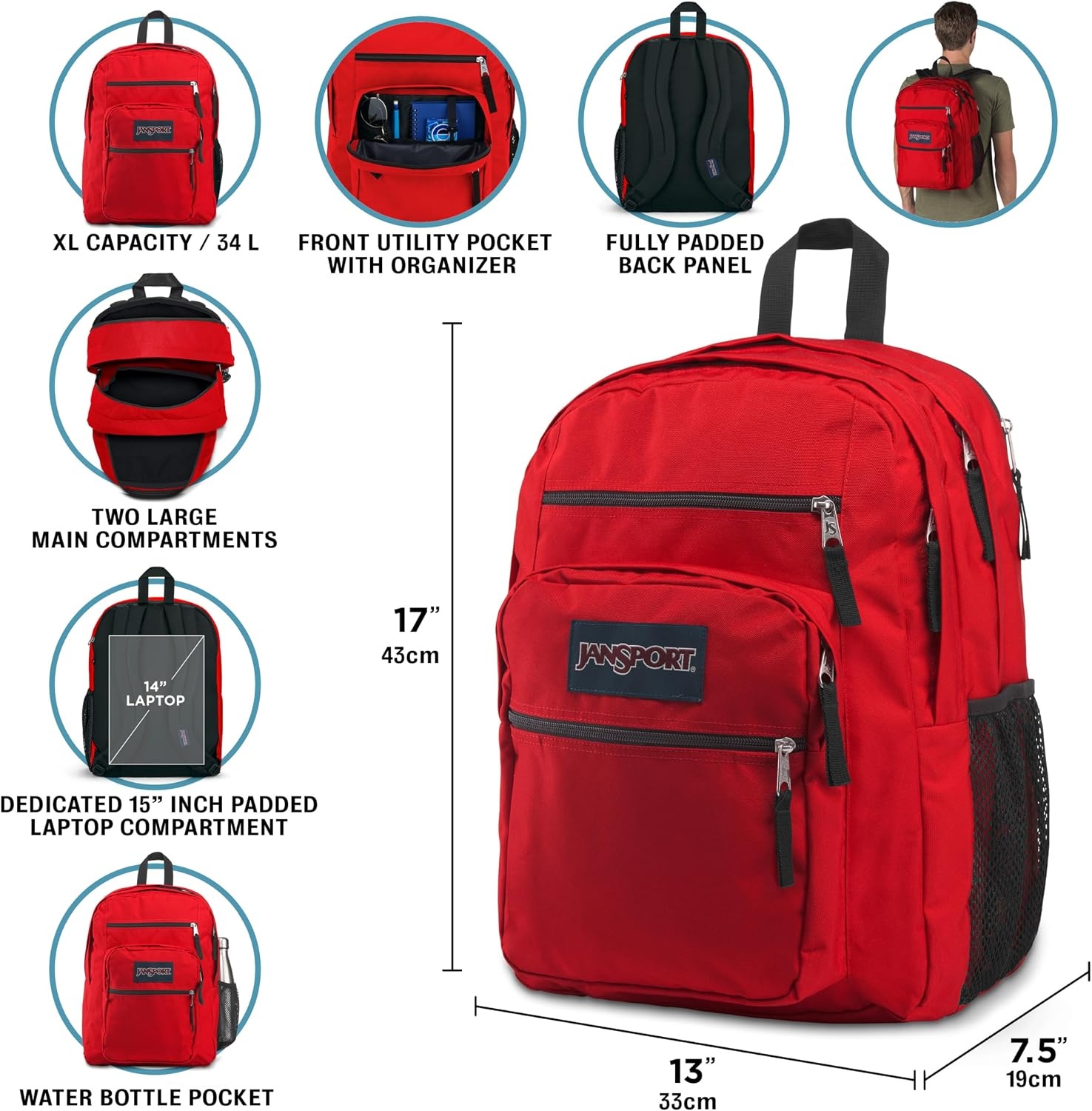 image:imageJanSport NCAA Officially Licensed Backpack Ohio State Buckeyes Big Student with Padded 15Inch Laptop Sleeve 2 Compartment Computer Bag with Bottle Pocket amp Haul Handle Book Rucksack Red TapeTeam Color