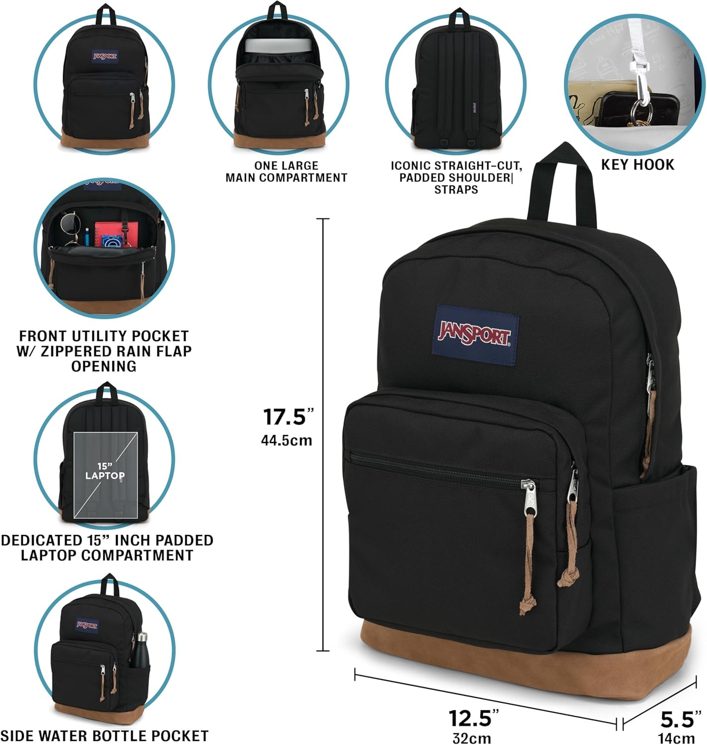 image:imageJanSport NCAA Officially Licensed Backpack Tennessee Volunteers Right Pack with Padded 15Inch Laptop Sleeve Spacious Computer Bag Durable Daypack with Bottle Pocket amp Haul Handle BlackTeam Color