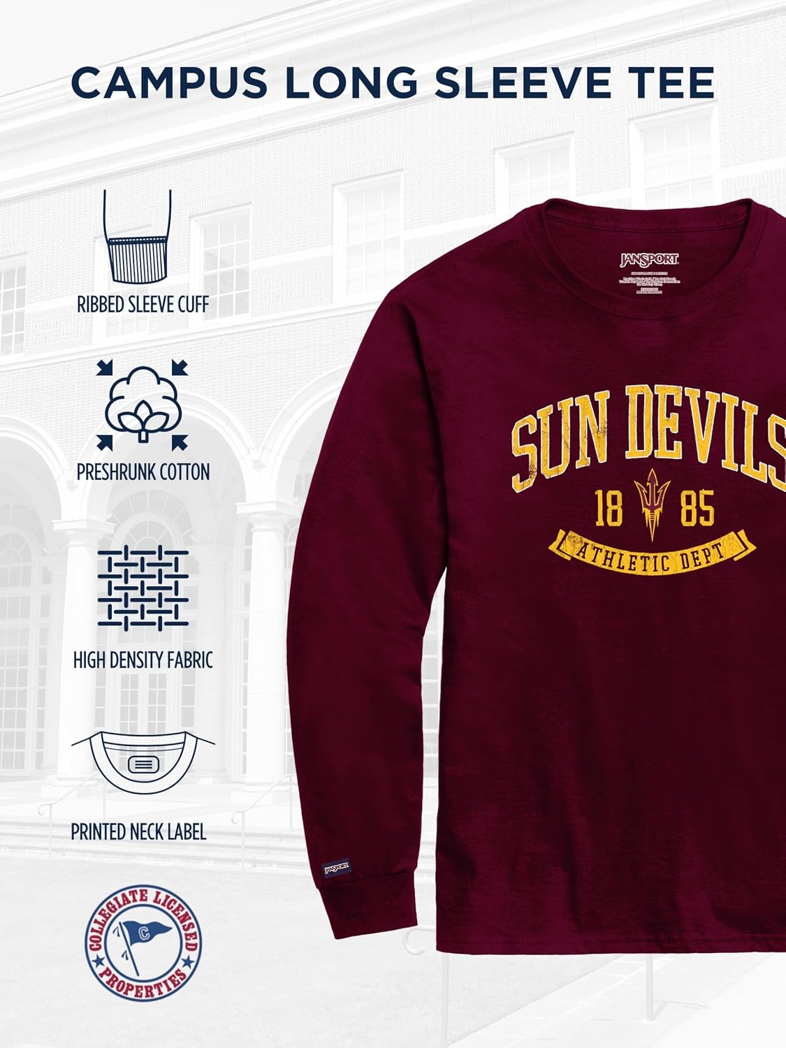 image:imageJanSport NCAA Officially Licensed Campus Long Sleeve T Shirt for Men Soft amp Breathable PreShrunk Cotton Crewneck T ShirtArizona State Sun Devils