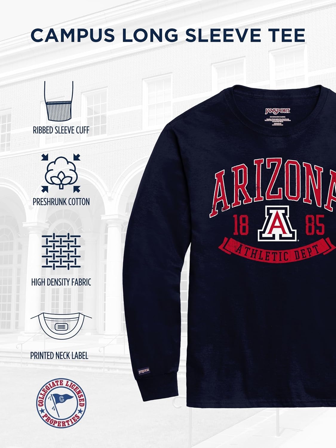 image:imageJanSport NCAA Officially Licensed Campus Long Sleeve T Shirt for Men Soft amp Breathable PreShrunk Cotton Crewneck T ShirtArizona Wildcats