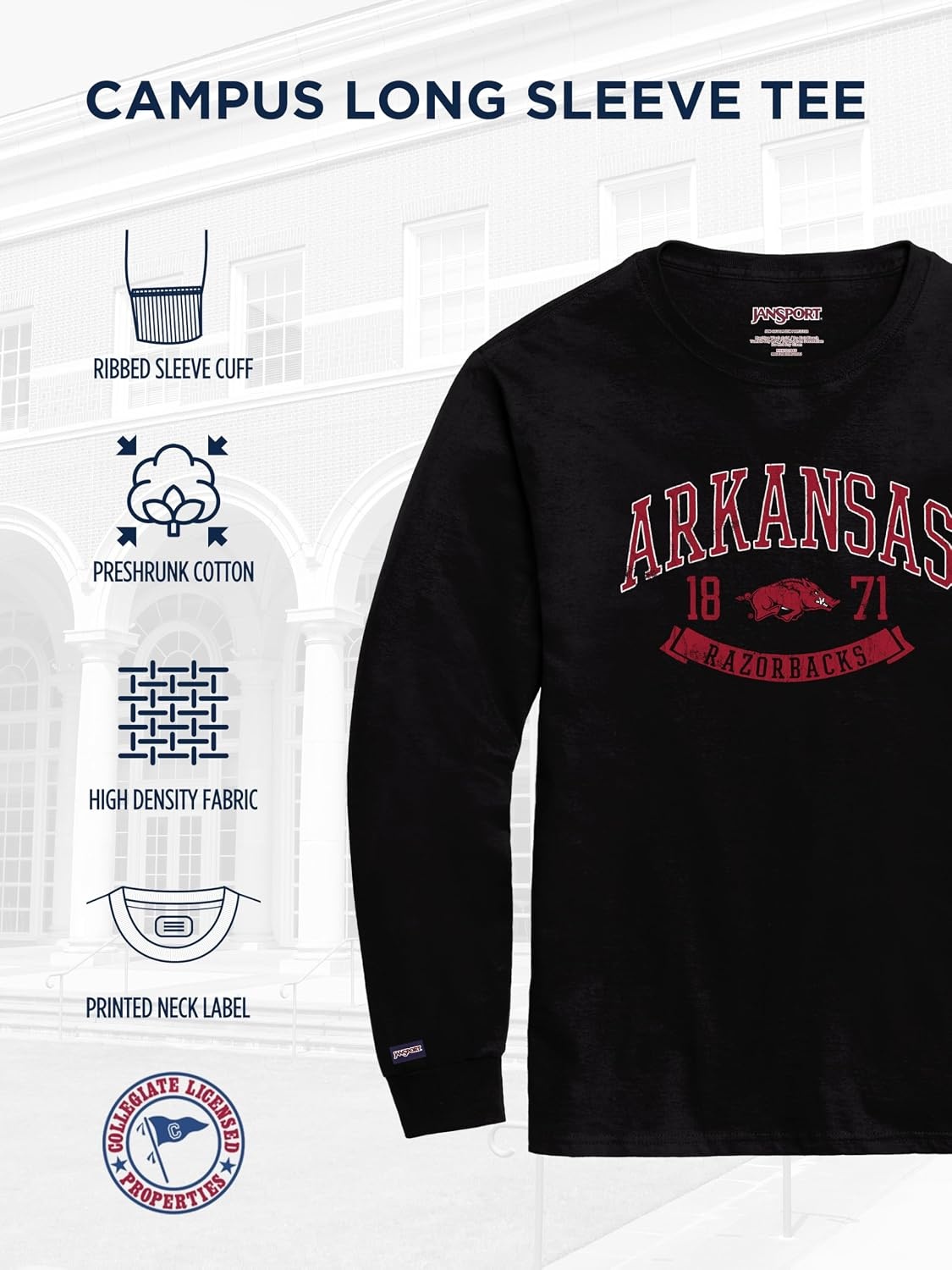 image:imageJanSport NCAA Officially Licensed Campus Long Sleeve T Shirt for Men Soft amp Breathable PreShrunk Cotton Crewneck T ShirtArkansas Razorbacks