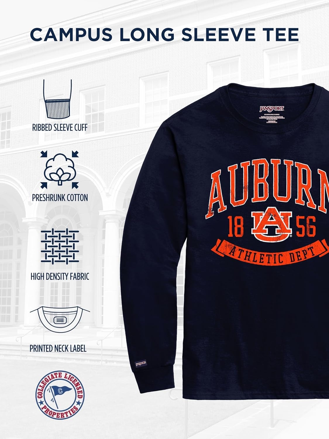 image:imageJanSport NCAA Officially Licensed Campus Long Sleeve T Shirt for Men Soft amp Breathable PreShrunk Cotton Crewneck T ShirtAuburn Tigers