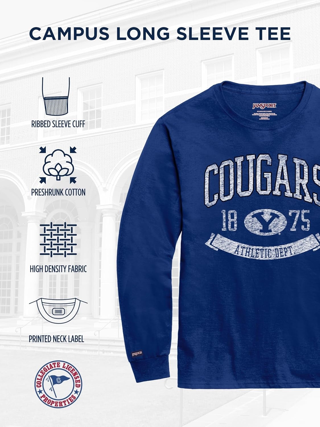 image:imageJanSport NCAA Officially Licensed Campus Long Sleeve T Shirt for Men Soft amp Breathable PreShrunk Cotton Crewneck T ShirtBYU Cougars