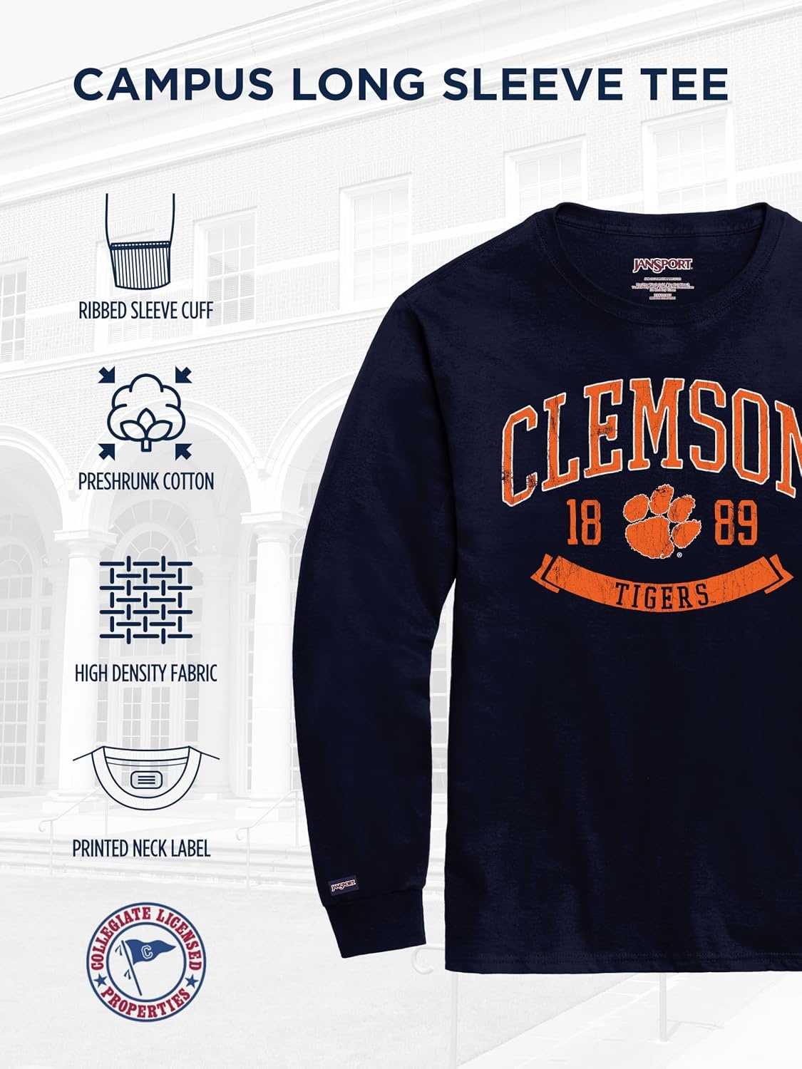 image:imageJanSport NCAA Officially Licensed Campus Long Sleeve T Shirt for Men Soft amp Breathable PreShrunk Cotton Crewneck T ShirtClemson Tigers