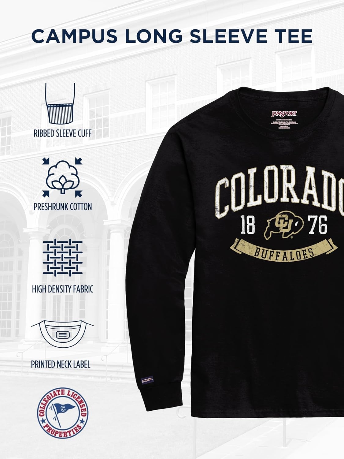 image:imageJanSport NCAA Officially Licensed Campus Long Sleeve T Shirt for Men Soft amp Breathable PreShrunk Cotton Crewneck T ShirtColorado Buffaloes