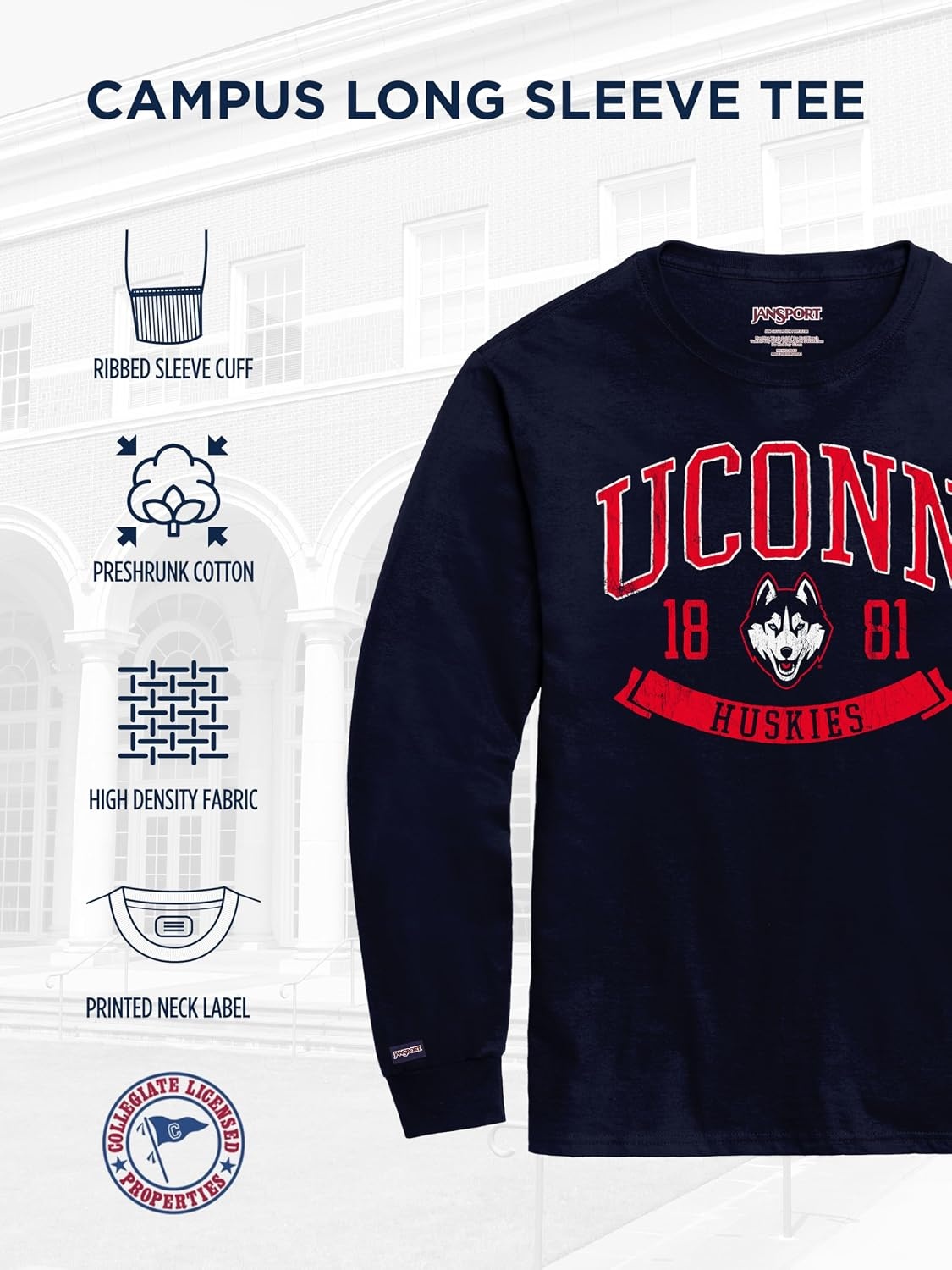 image:imageJanSport NCAA Officially Licensed Campus Long Sleeve T Shirt for Men Soft amp Breathable PreShrunk Cotton Crewneck T ShirtConnecticut Huskies
