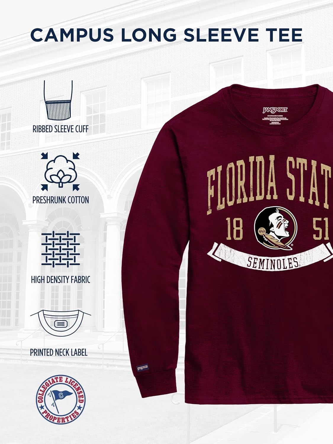 image:imageJanSport NCAA Officially Licensed Campus Long Sleeve T Shirt for Men Soft amp Breathable PreShrunk Cotton Crewneck T ShirtFlorida State Seminoles