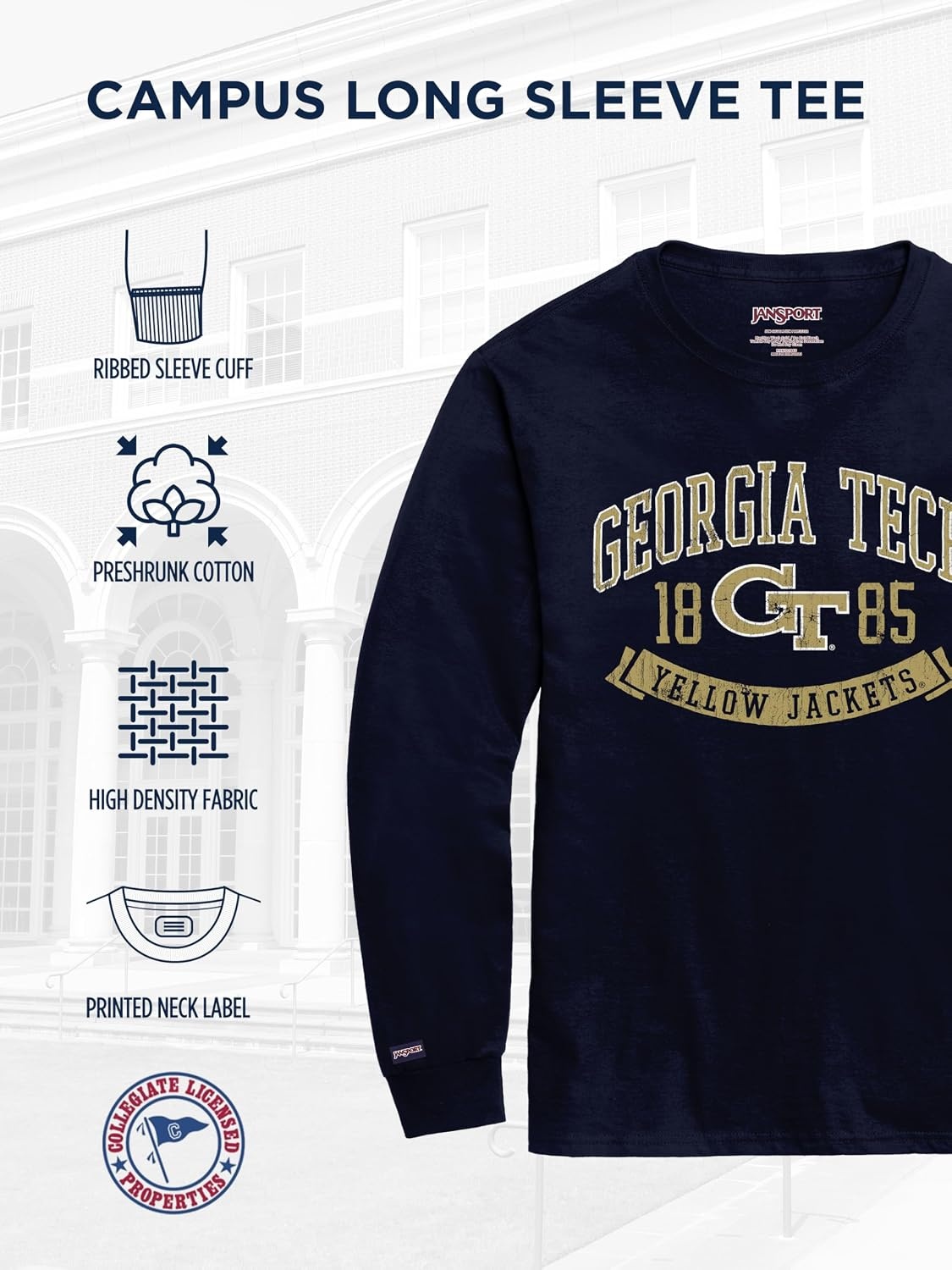 image:imageJanSport NCAA Officially Licensed Campus Long Sleeve T Shirt for Men Soft amp Breathable PreShrunk Cotton Crewneck T ShirtGeorgia Tech Yellow Jackets