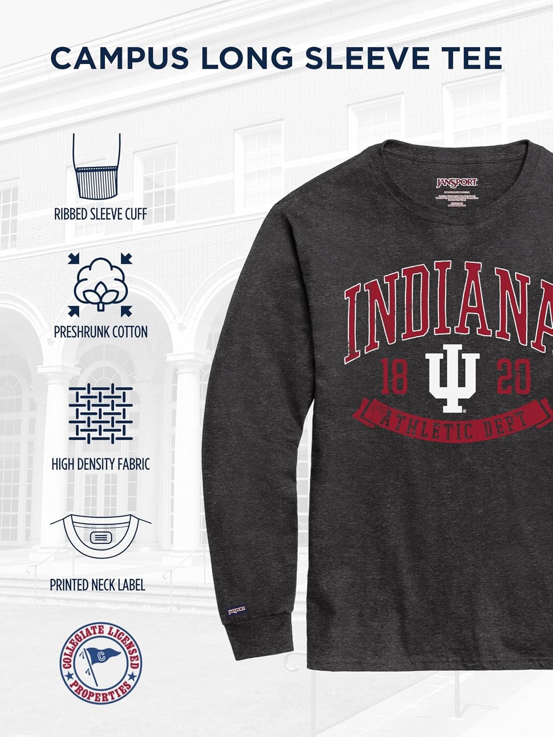 image:imageJanSport NCAA Officially Licensed Campus Long Sleeve T Shirt for Men Soft amp Breathable PreShrunk Cotton Crewneck T ShirtIndiana Hoosiers