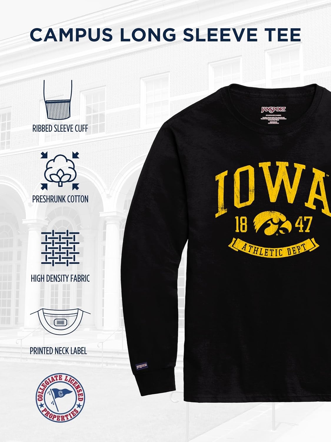 image:imageJanSport NCAA Officially Licensed Campus Long Sleeve T Shirt for Men Soft amp Breathable PreShrunk Cotton Crewneck T ShirtIowa Hawkeyes