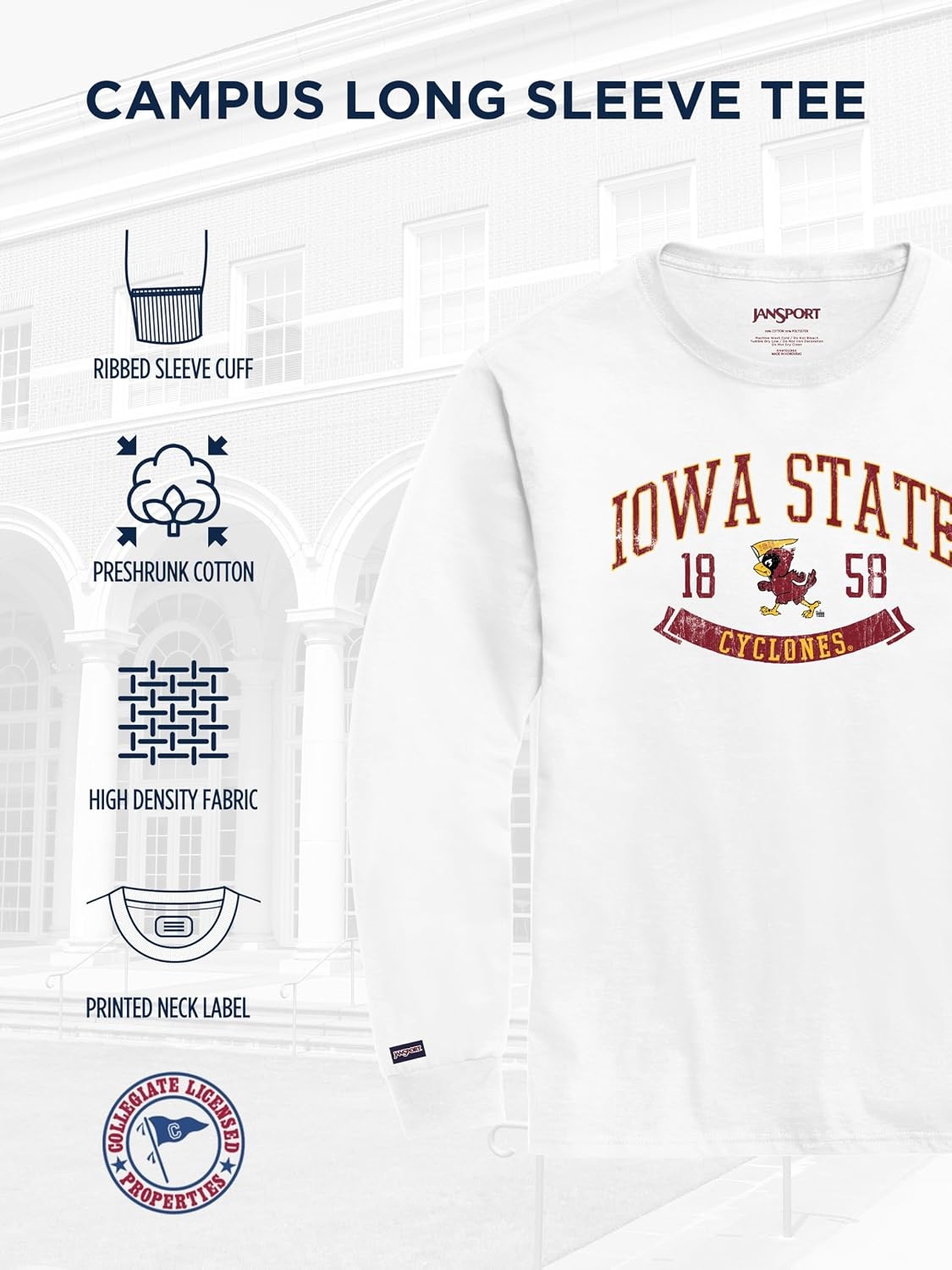 image:imageJanSport NCAA Officially Licensed Campus Long Sleeve T Shirt for Men Soft amp Breathable PreShrunk Cotton Crewneck T ShirtIowa State Cyclones