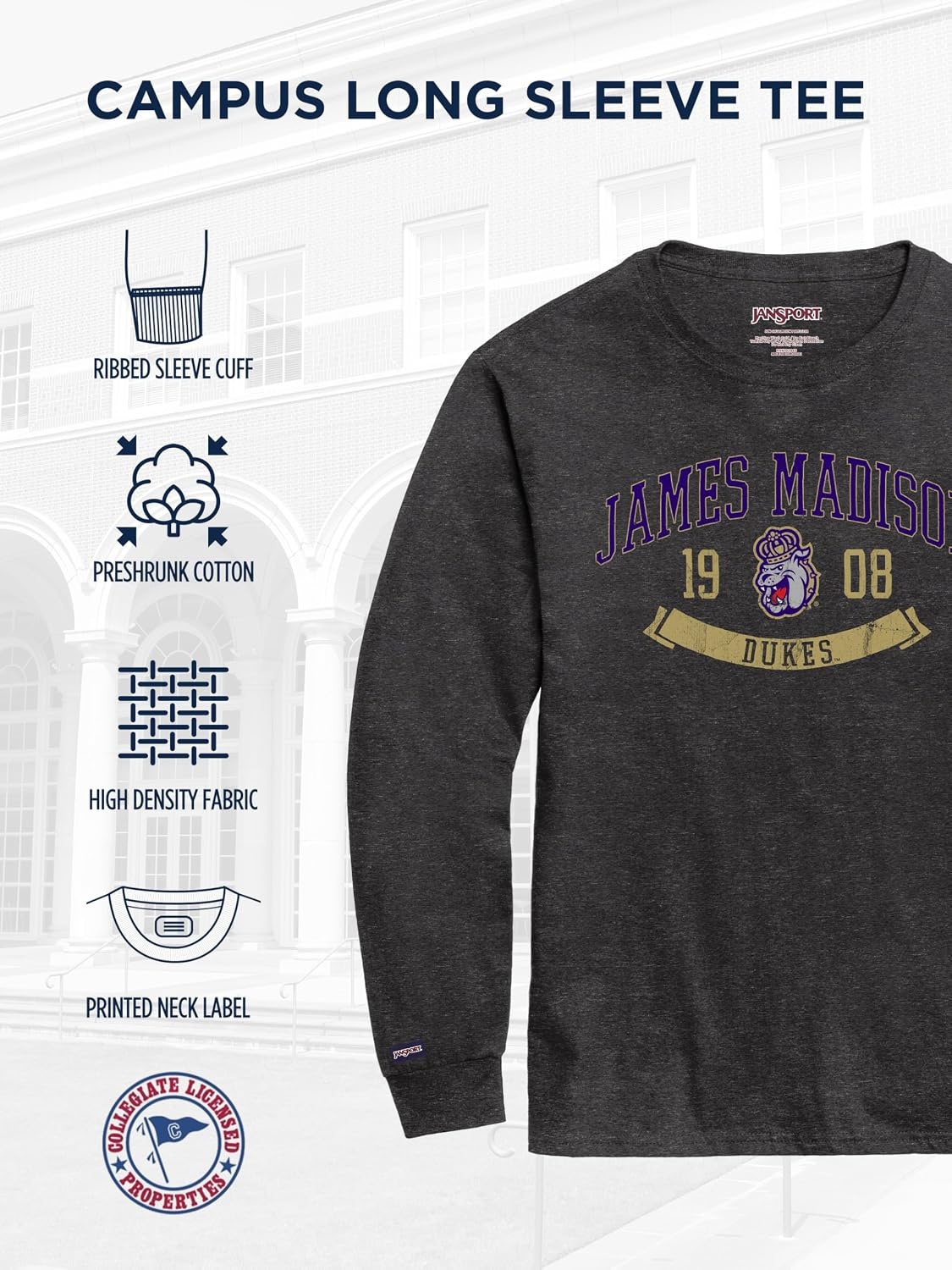image:imageJanSport NCAA Officially Licensed Campus Long Sleeve T Shirt for Men Soft amp Breathable PreShrunk Cotton Crewneck T ShirtJames Madison Dukes