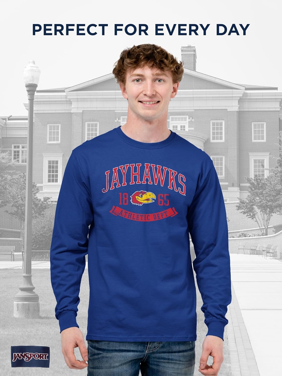 image:imageJanSport NCAA Officially Licensed Campus Long Sleeve T Shirt for Men Soft amp Breathable PreShrunk Cotton Crewneck T ShirtKansas Jayhawks