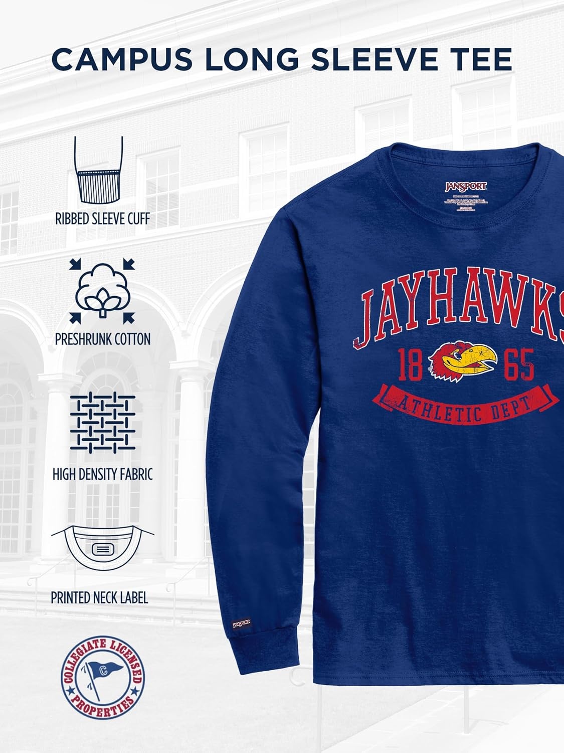 image:imageJanSport NCAA Officially Licensed Campus Long Sleeve T Shirt for Men Soft amp Breathable PreShrunk Cotton Crewneck T ShirtKansas Jayhawks