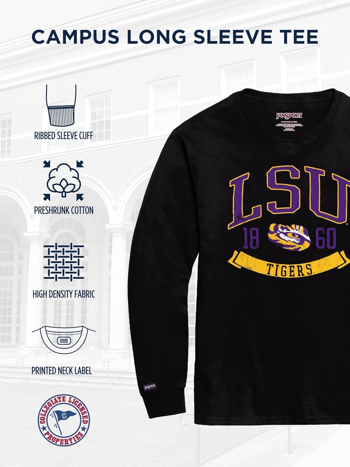 image:imageJanSport NCAA Officially Licensed Campus Long Sleeve T Shirt for Men Soft amp Breathable PreShrunk Cotton Crewneck T ShirtLSU Tigers