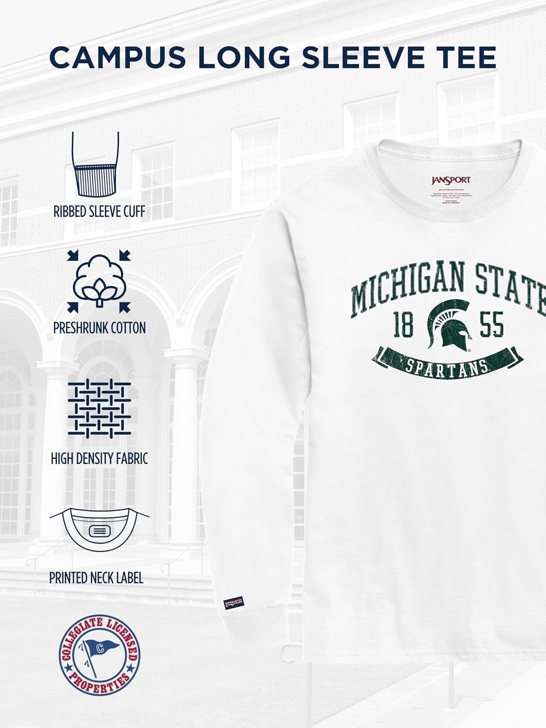 image:imageJanSport NCAA Officially Licensed Campus Long Sleeve T Shirt for Men Soft amp Breathable PreShrunk Cotton Crewneck T ShirtMichigan State Spartans