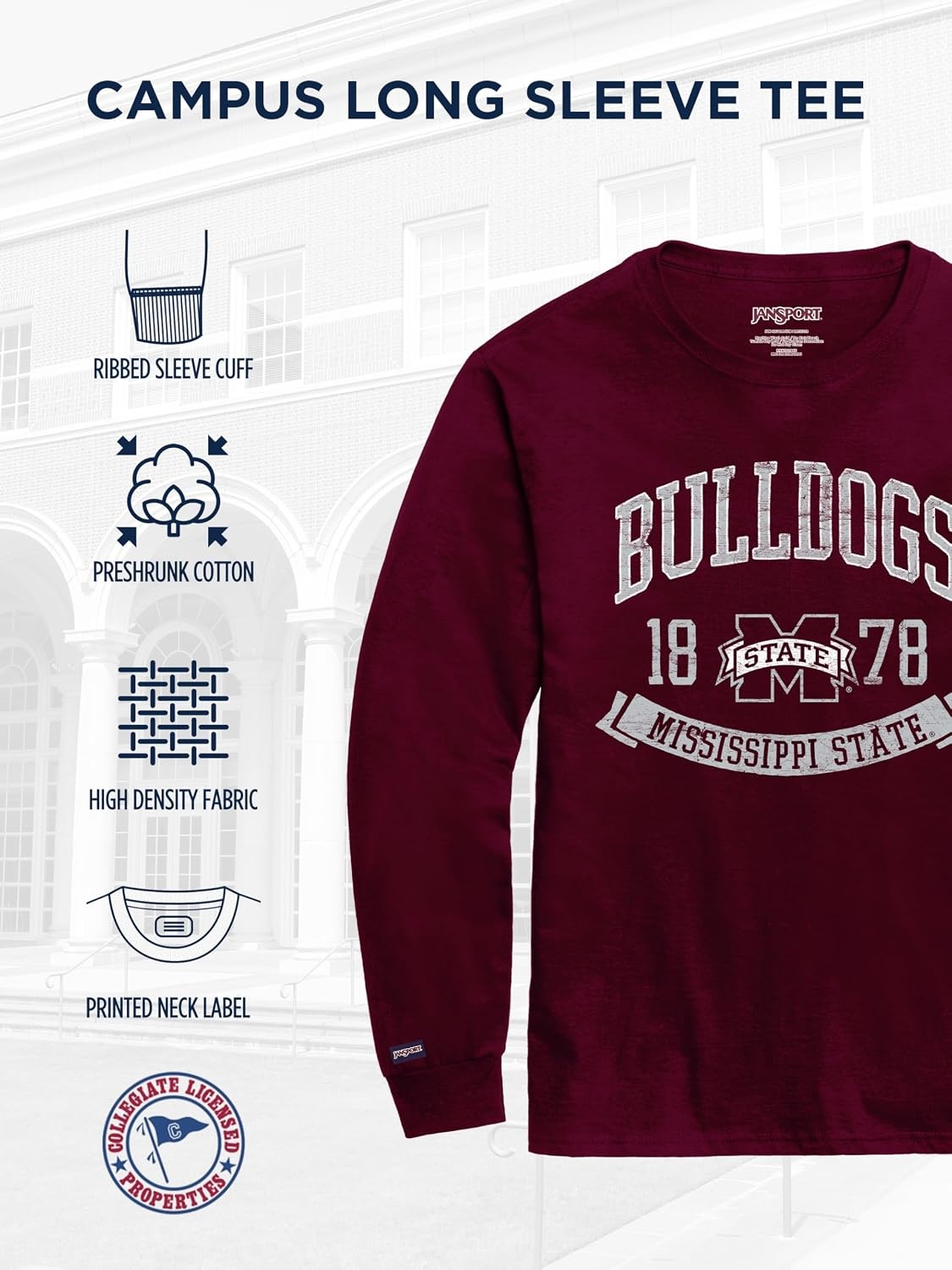 image:imageJanSport NCAA Officially Licensed Campus Long Sleeve T Shirt for Men Soft amp Breathable PreShrunk Cotton Crewneck T ShirtMississippi State Bulldogs