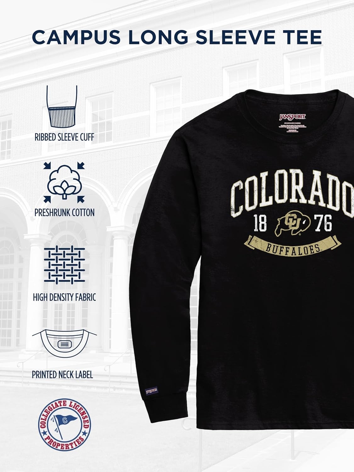 image:imageJanSport NCAA Officially Licensed Campus Long Sleeve T Shirt for Men Soft amp Breathable PreShrunk Cotton Crewneck T ShirtMissouri Tigers