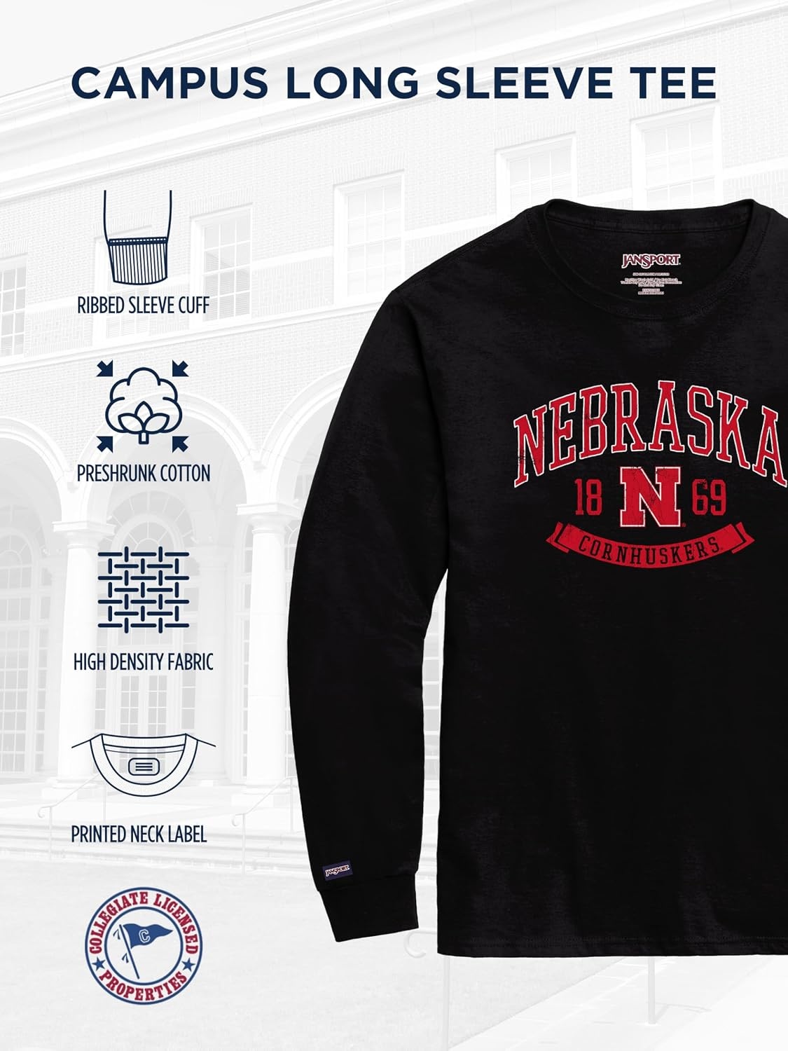 image:imageJanSport NCAA Officially Licensed Campus Long Sleeve T Shirt for Men Soft amp Breathable PreShrunk Cotton Crewneck T ShirtNebraska Cornhuskers
