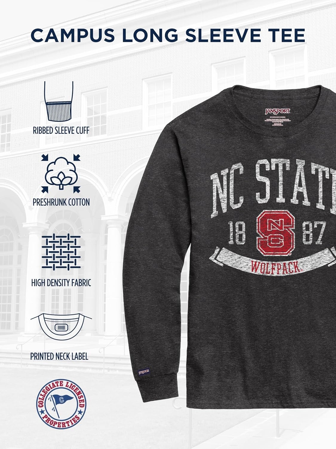 image:imageJanSport NCAA Officially Licensed Campus Long Sleeve T Shirt for Men Soft amp Breathable PreShrunk Cotton Crewneck T ShirtNorth Carolina State Wolfpack