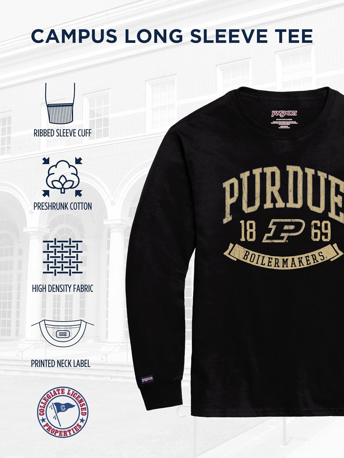 image:imageJanSport NCAA Officially Licensed Campus Long Sleeve T Shirt for Men Soft amp Breathable PreShrunk Cotton Crewneck T ShirtPurdue Boilermakers