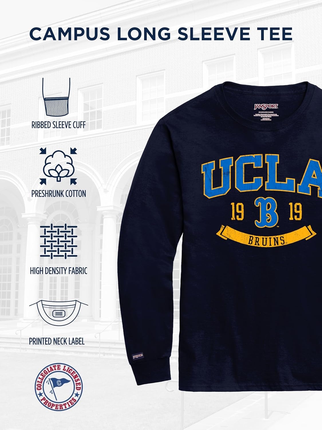 image:imageJanSport NCAA Officially Licensed Campus Long Sleeve T Shirt for Men Soft amp Breathable PreShrunk Cotton Crewneck T ShirtUCLA Bruins