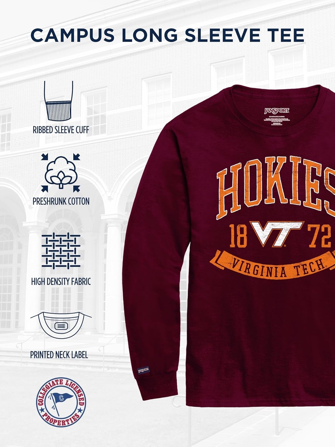 image:imageJanSport NCAA Officially Licensed Campus Long Sleeve T Shirt for Men Soft amp Breathable PreShrunk Cotton Crewneck T ShirtVirginia Tech Hokies