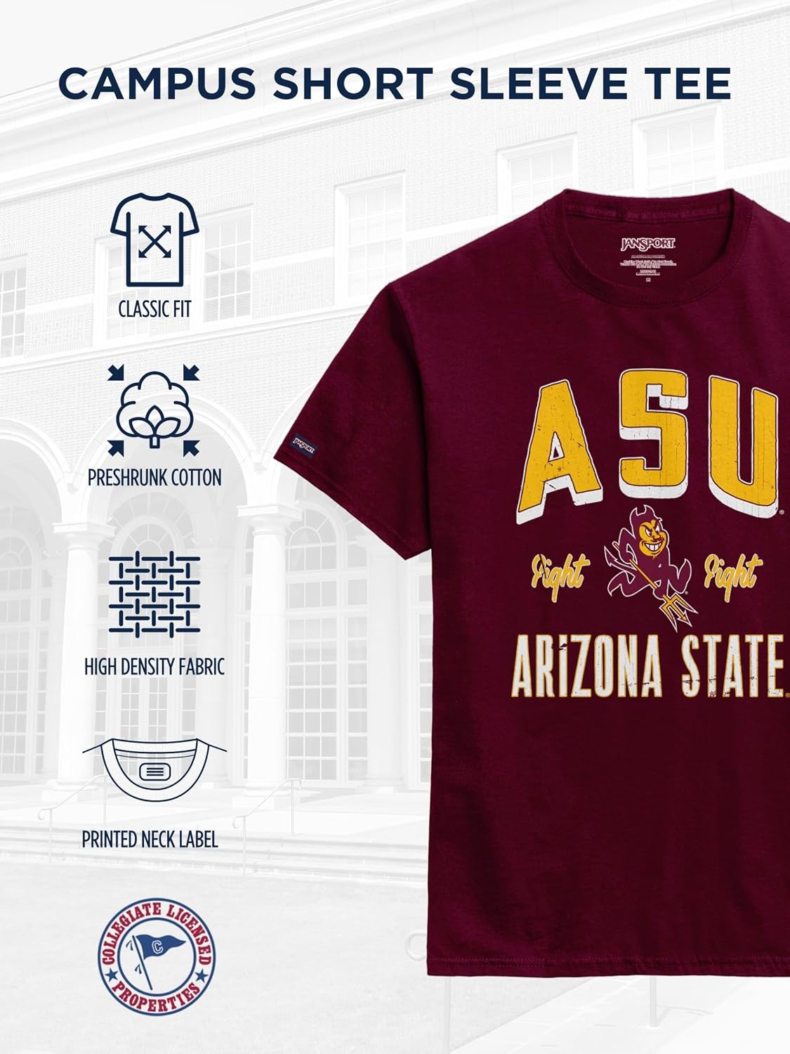 image:imageJanSport NCAA Officially Licensed Campus Short Sleeve T Shirt for Men Soft amp Breathable PreShrunk Cotton Crewneck T ShirtArizona State Sun Devils