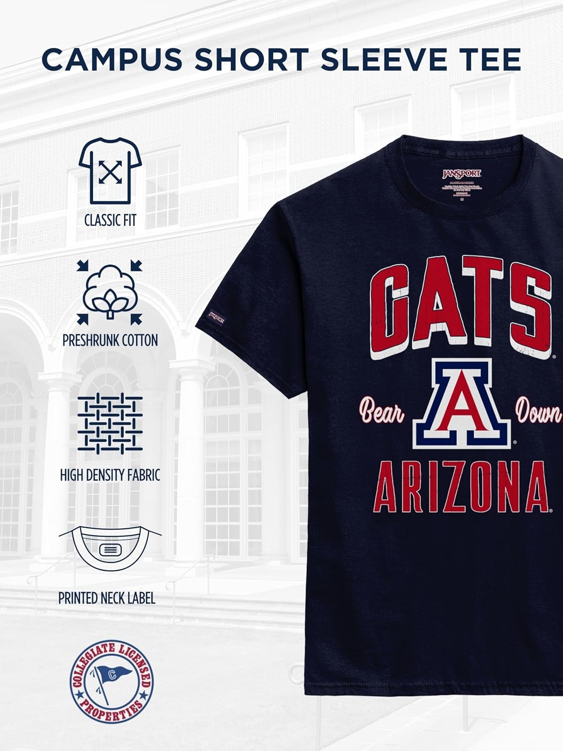 image:imageJanSport NCAA Officially Licensed Campus Short Sleeve T Shirt for Men Soft amp Breathable PreShrunk Cotton Crewneck T ShirtArizona Wildcats