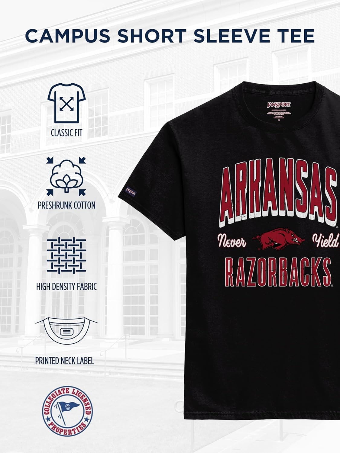 image:imageJanSport NCAA Officially Licensed Campus Short Sleeve T Shirt for Men Soft amp Breathable PreShrunk Cotton Crewneck T ShirtArkansas Razorbacks