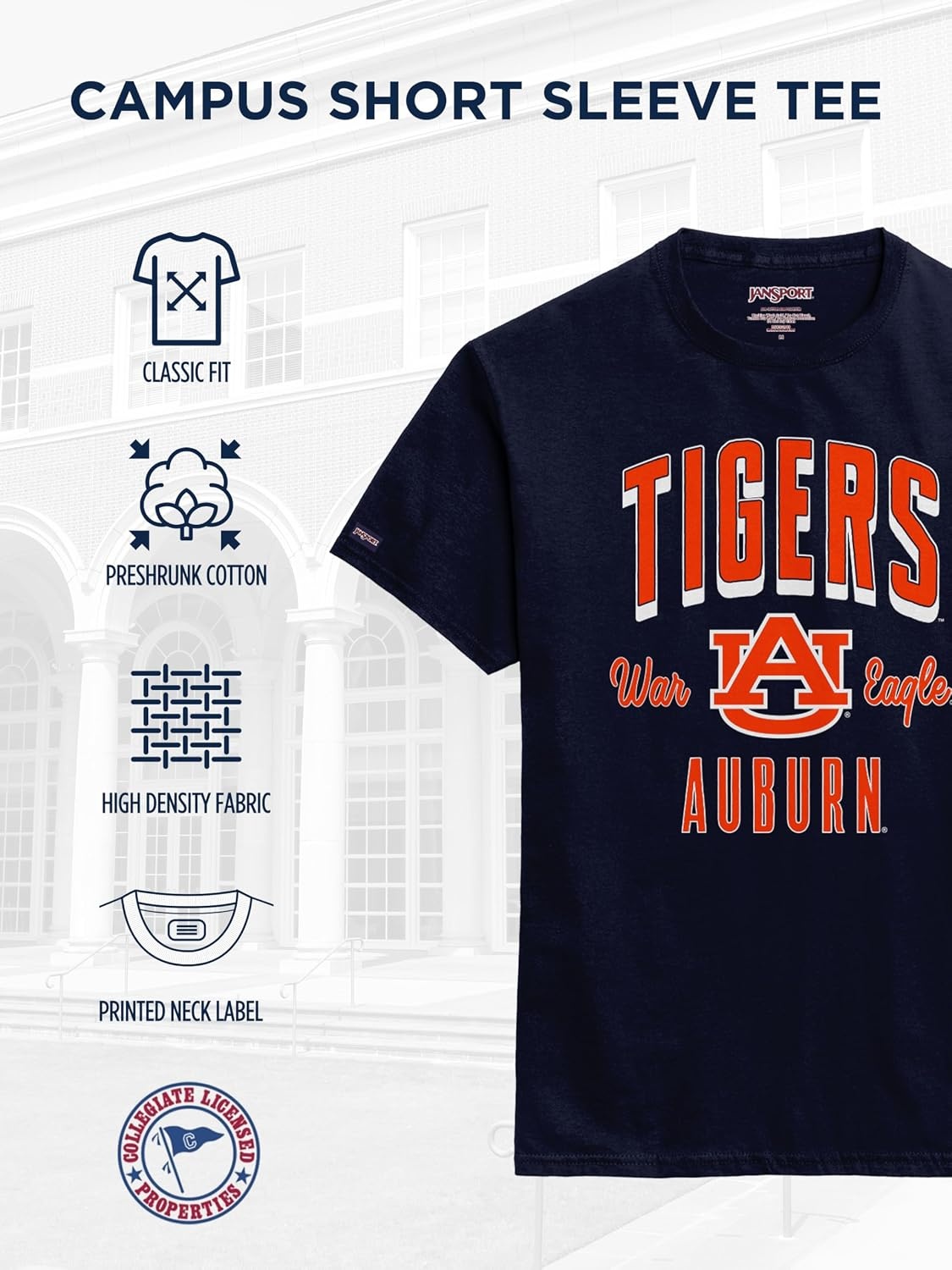 image:imageJanSport NCAA Officially Licensed Campus Short Sleeve T Shirt for Men Soft amp Breathable PreShrunk Cotton Crewneck T ShirtAuburn Tigers