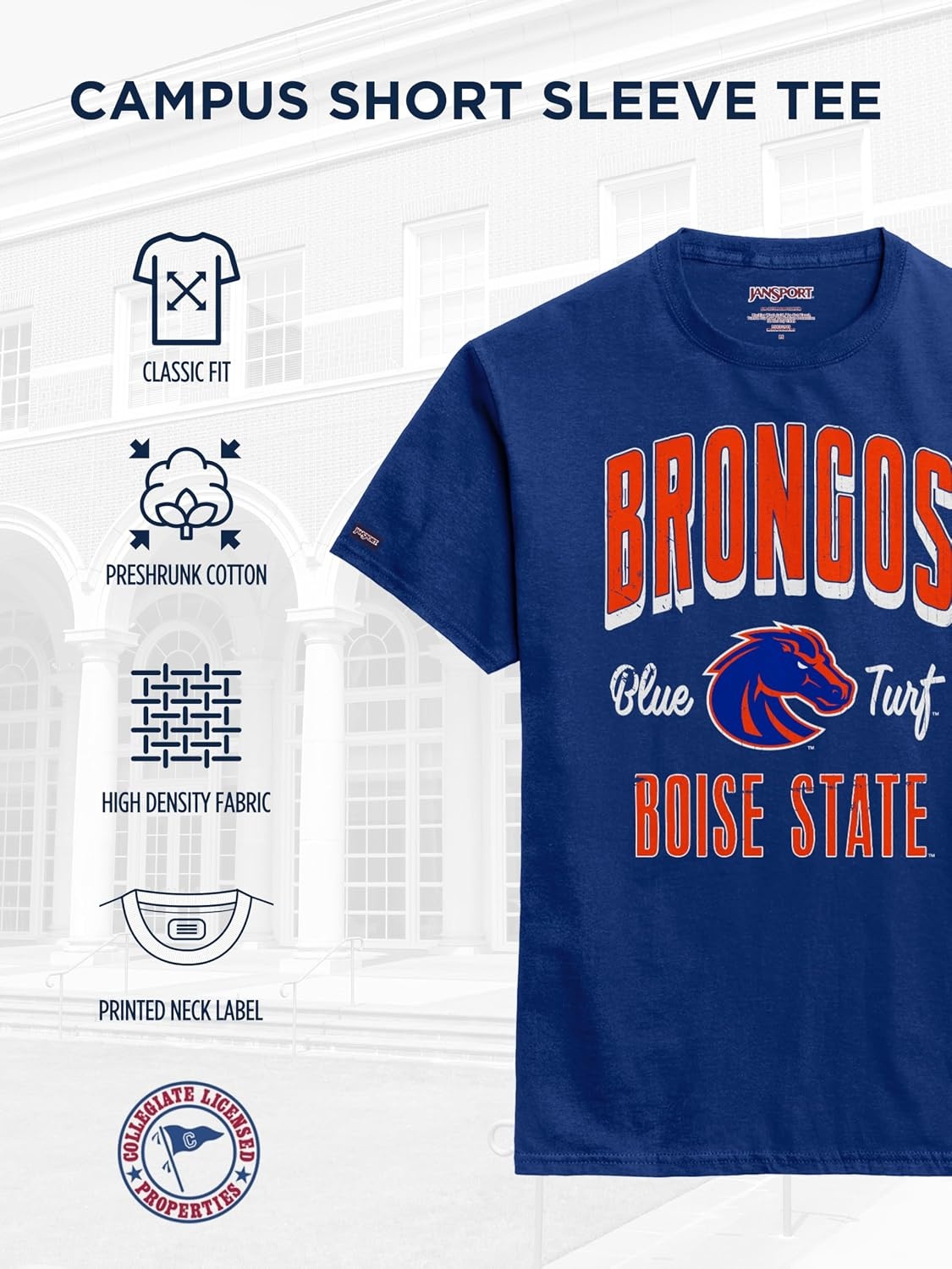 image:imageJanSport NCAA Officially Licensed Campus Short Sleeve T Shirt for Men Soft amp Breathable PreShrunk Cotton Crewneck T ShirtBoise State Broncos