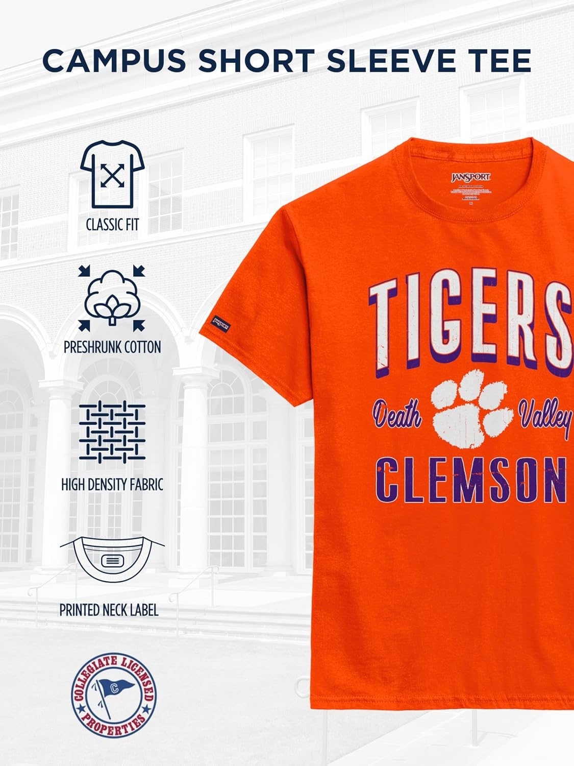 image:imageJanSport NCAA Officially Licensed Campus Short Sleeve T Shirt for Men Soft amp Breathable PreShrunk Cotton Crewneck T ShirtClemson Tigers