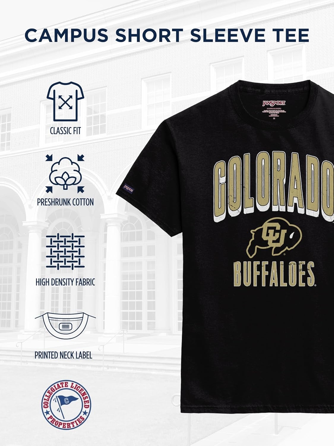 image:imageJanSport NCAA Officially Licensed Campus Short Sleeve T Shirt for Men Soft amp Breathable PreShrunk Cotton Crewneck T ShirtColorado Buffaloes