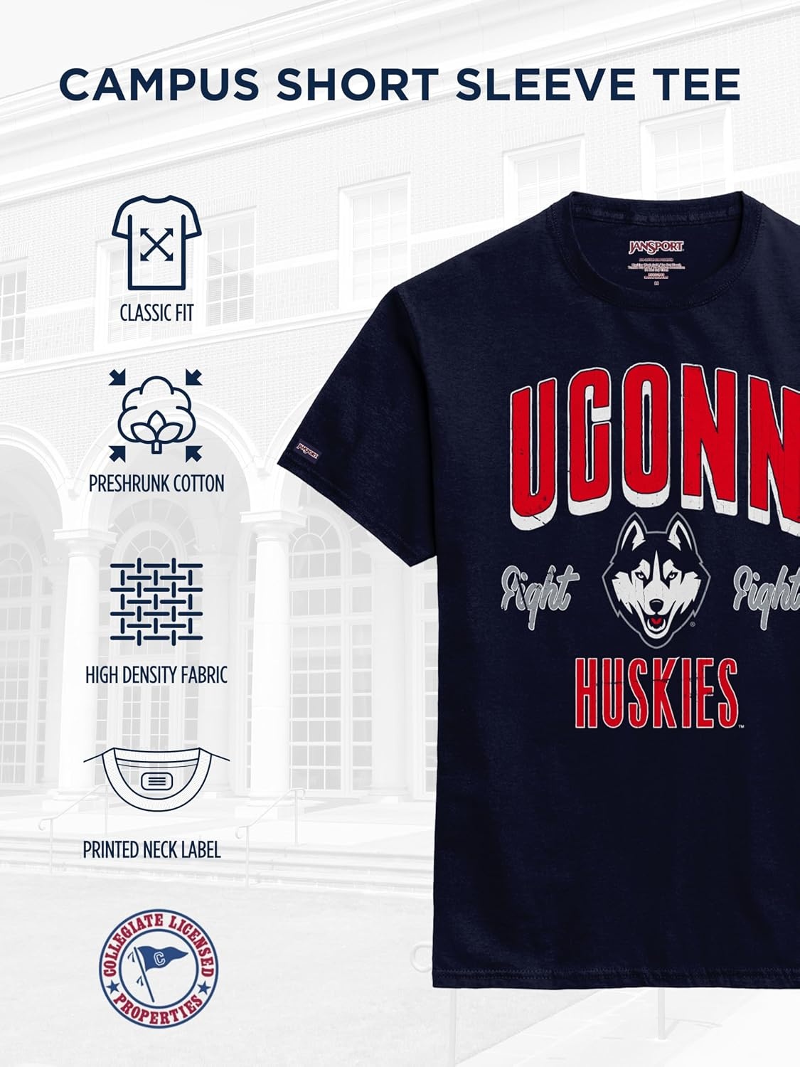 image:imageJanSport NCAA Officially Licensed Campus Short Sleeve T Shirt for Men Soft amp Breathable PreShrunk Cotton Crewneck T ShirtConnecticut Huskies