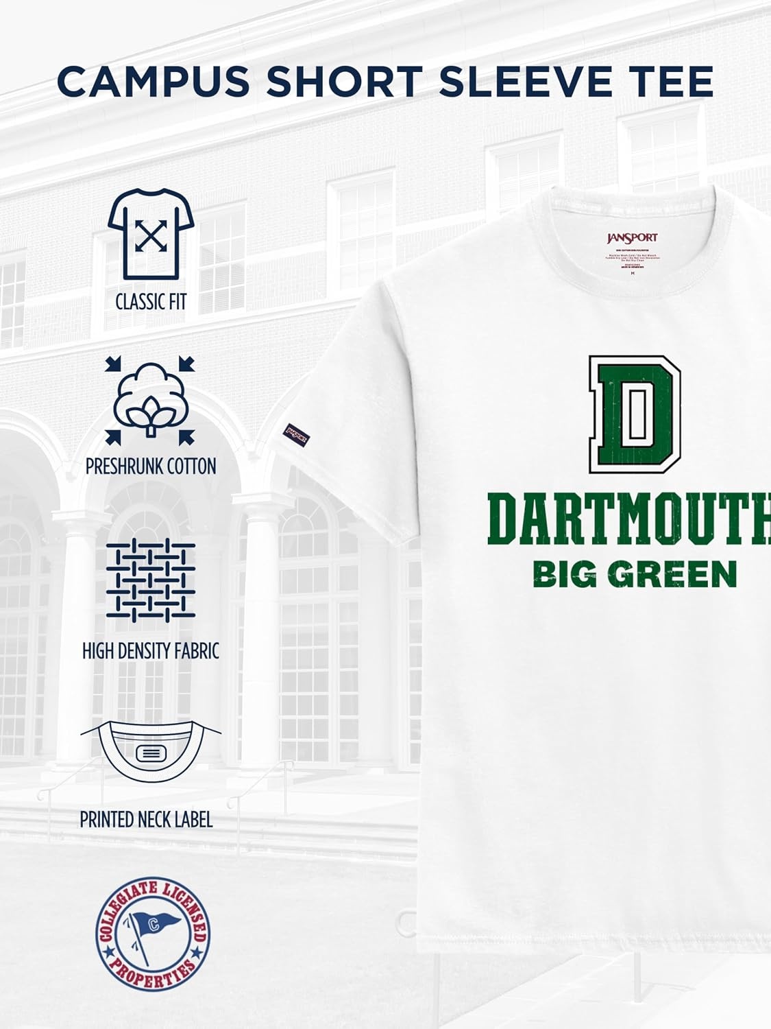 image:imageJanSport NCAA Officially Licensed Campus Short Sleeve T Shirt for Men Soft amp Breathable PreShrunk Cotton Crewneck T ShirtDartmouth Big Green