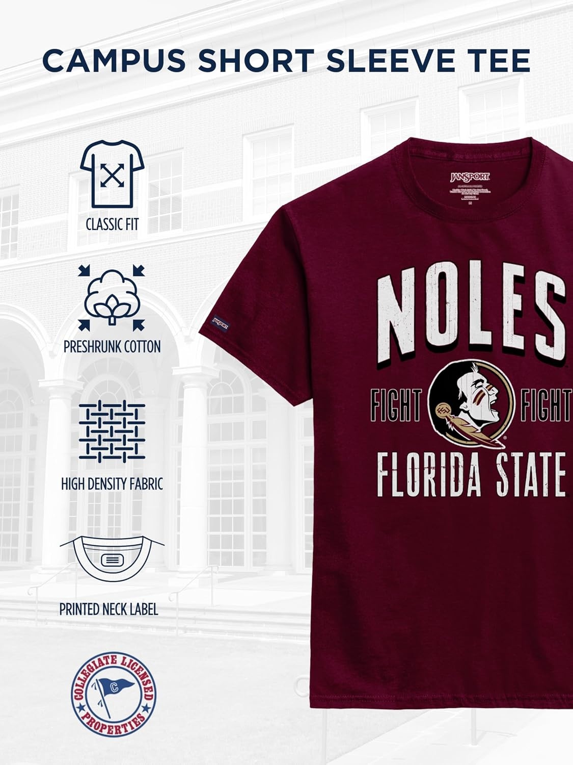image:imageJanSport NCAA Officially Licensed Campus Short Sleeve T Shirt for Men Soft amp Breathable PreShrunk Cotton Crewneck T ShirtFlorida State Seminoles