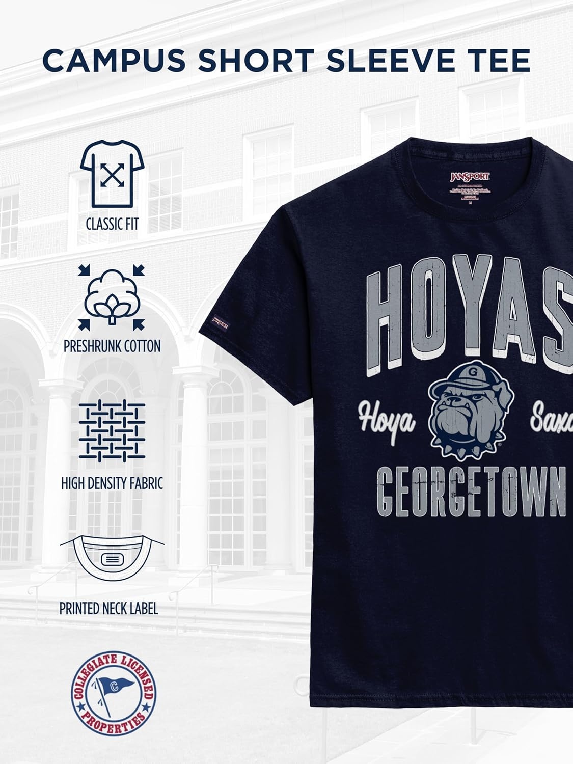 image:imageJanSport NCAA Officially Licensed Campus Short Sleeve T Shirt for Men Soft amp Breathable PreShrunk Cotton Crewneck T ShirtGeorgetown Hoyas