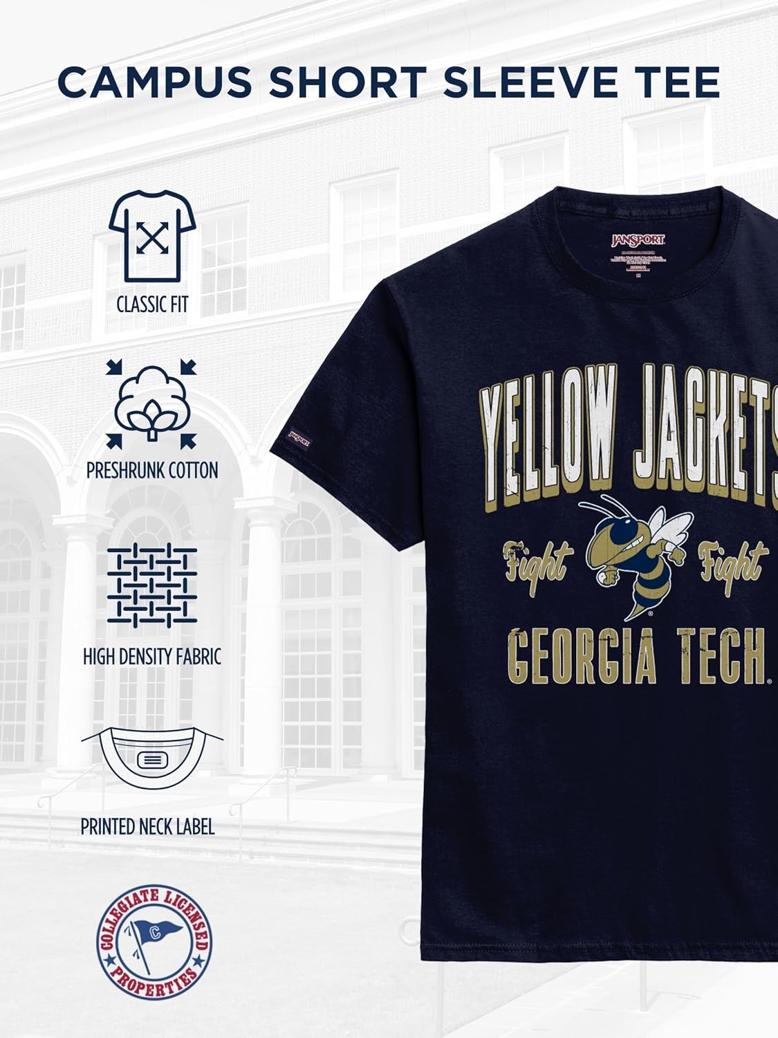 image:imageJanSport NCAA Officially Licensed Campus Short Sleeve T Shirt for Men Soft amp Breathable PreShrunk Cotton Crewneck T ShirtGeorgia Tech Yellow Jackets