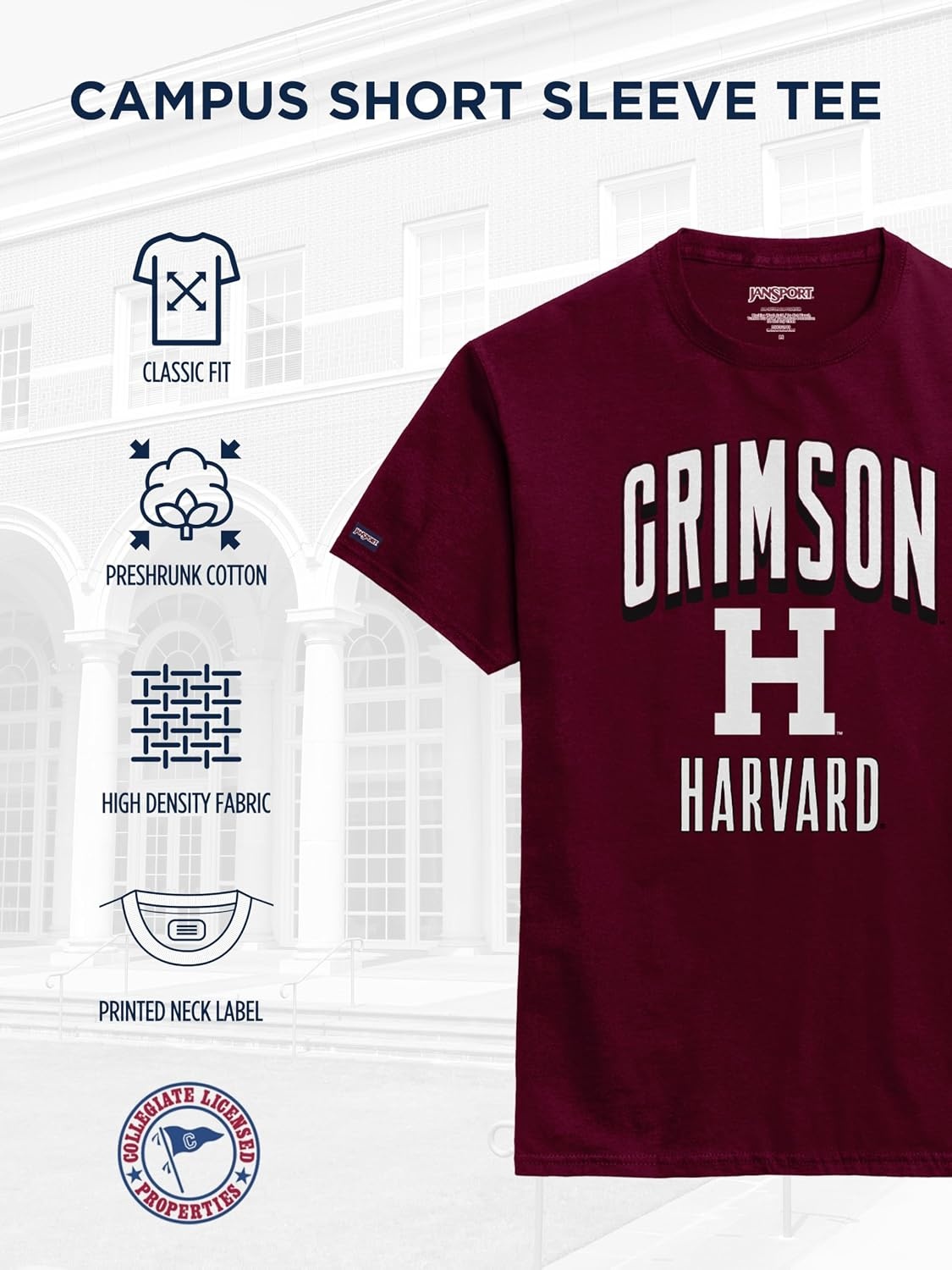 image:imageJanSport NCAA Officially Licensed Campus Short Sleeve T Shirt for Men Soft amp Breathable PreShrunk Cotton Crewneck T ShirtHarvard Crimson