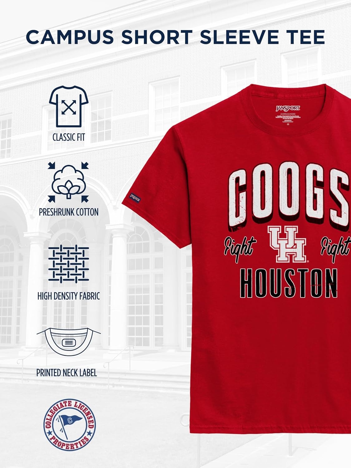 image:imageJanSport NCAA Officially Licensed Campus Short Sleeve T Shirt for Men Soft amp Breathable PreShrunk Cotton Crewneck T ShirtHouston Cougars