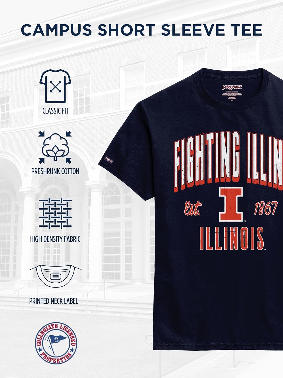 image:imageJanSport NCAA Officially Licensed Campus Short Sleeve T Shirt for Men Soft amp Breathable PreShrunk Cotton Crewneck T ShirtIllinois Illini
