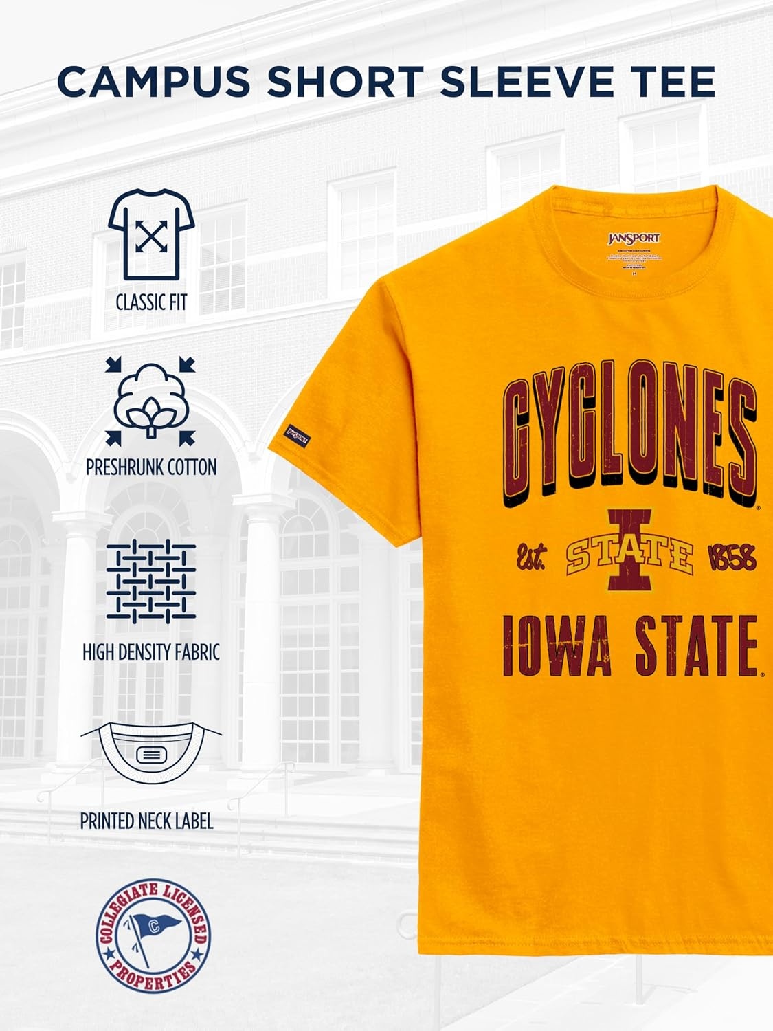 image:imageJanSport NCAA Officially Licensed Campus Short Sleeve T Shirt for Men Soft amp Breathable PreShrunk Cotton Crewneck T ShirtIowa State Cyclones