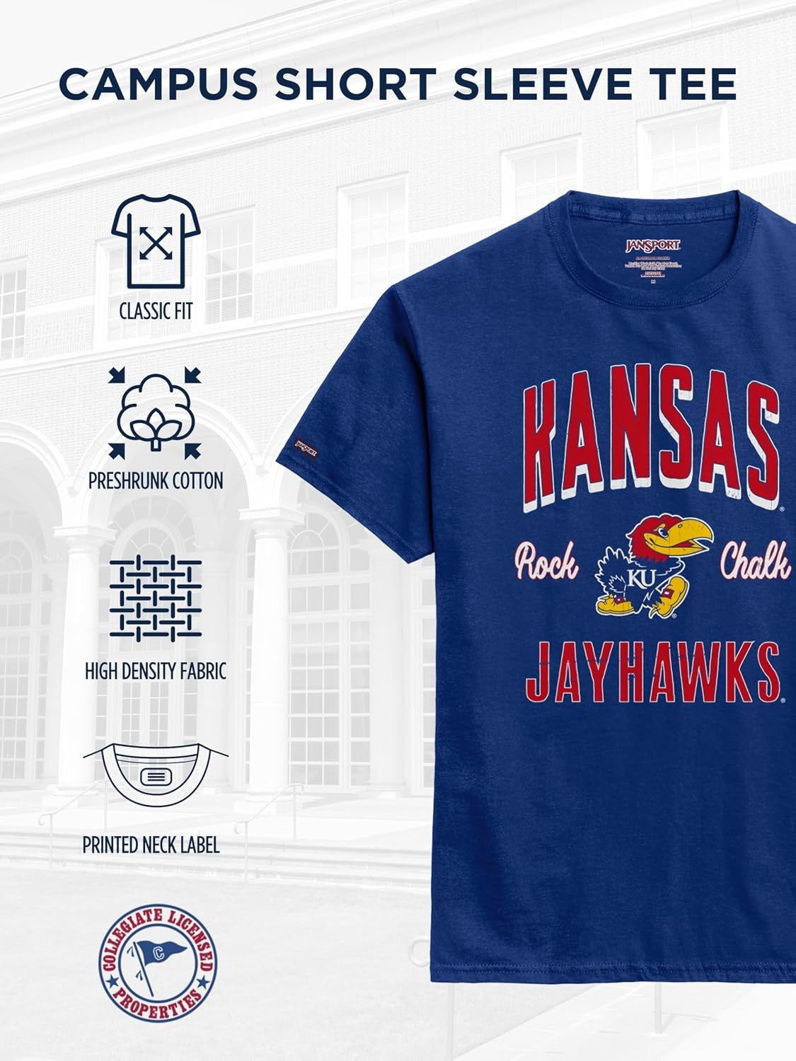 image:imageJanSport NCAA Officially Licensed Campus Short Sleeve T Shirt for Men Soft amp Breathable PreShrunk Cotton Crewneck T ShirtKansas Jayhawks