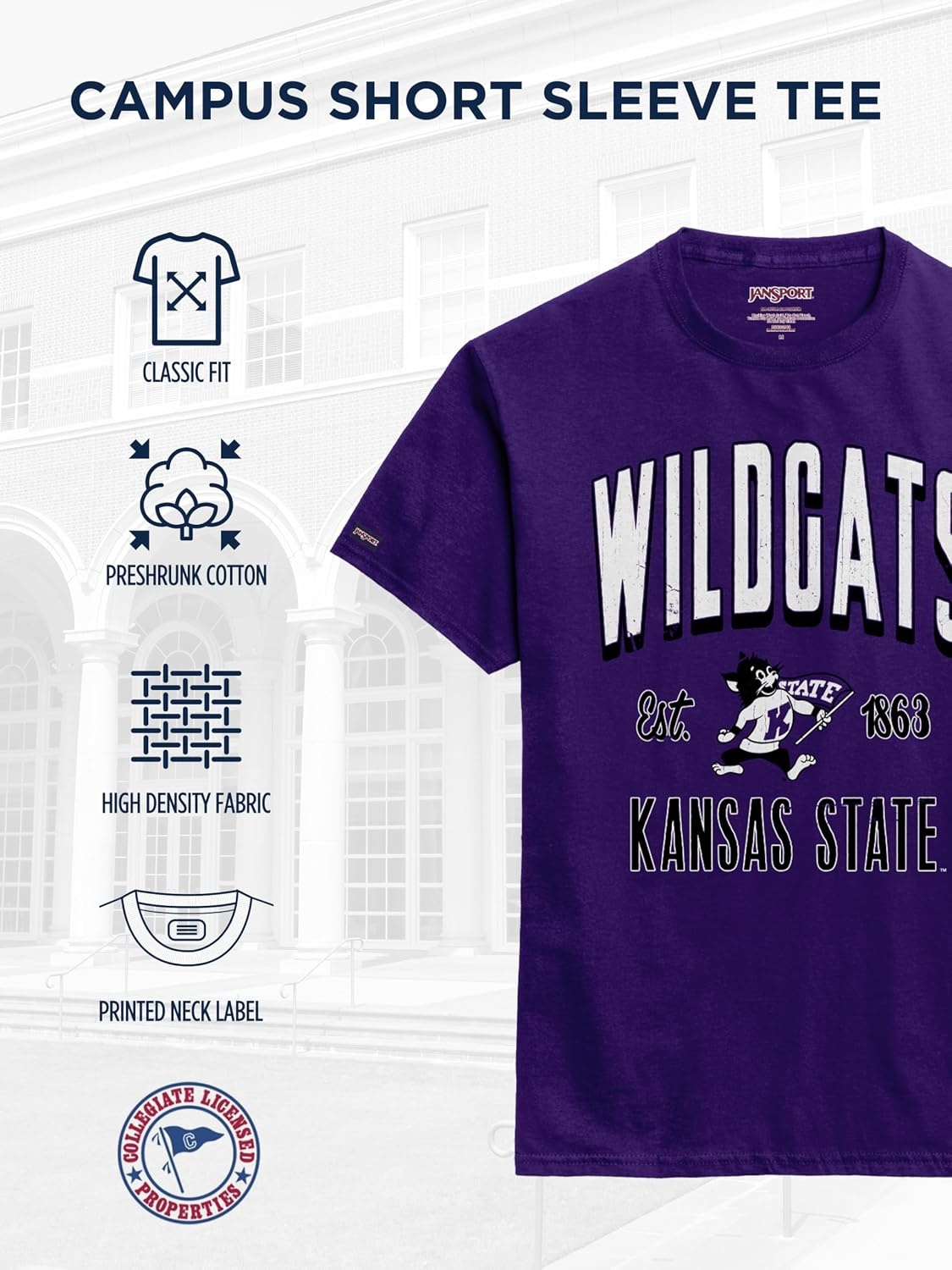 image:imageJanSport NCAA Officially Licensed Campus Short Sleeve T Shirt for Men Soft amp Breathable PreShrunk Cotton Crewneck T ShirtKansas State Wildcats