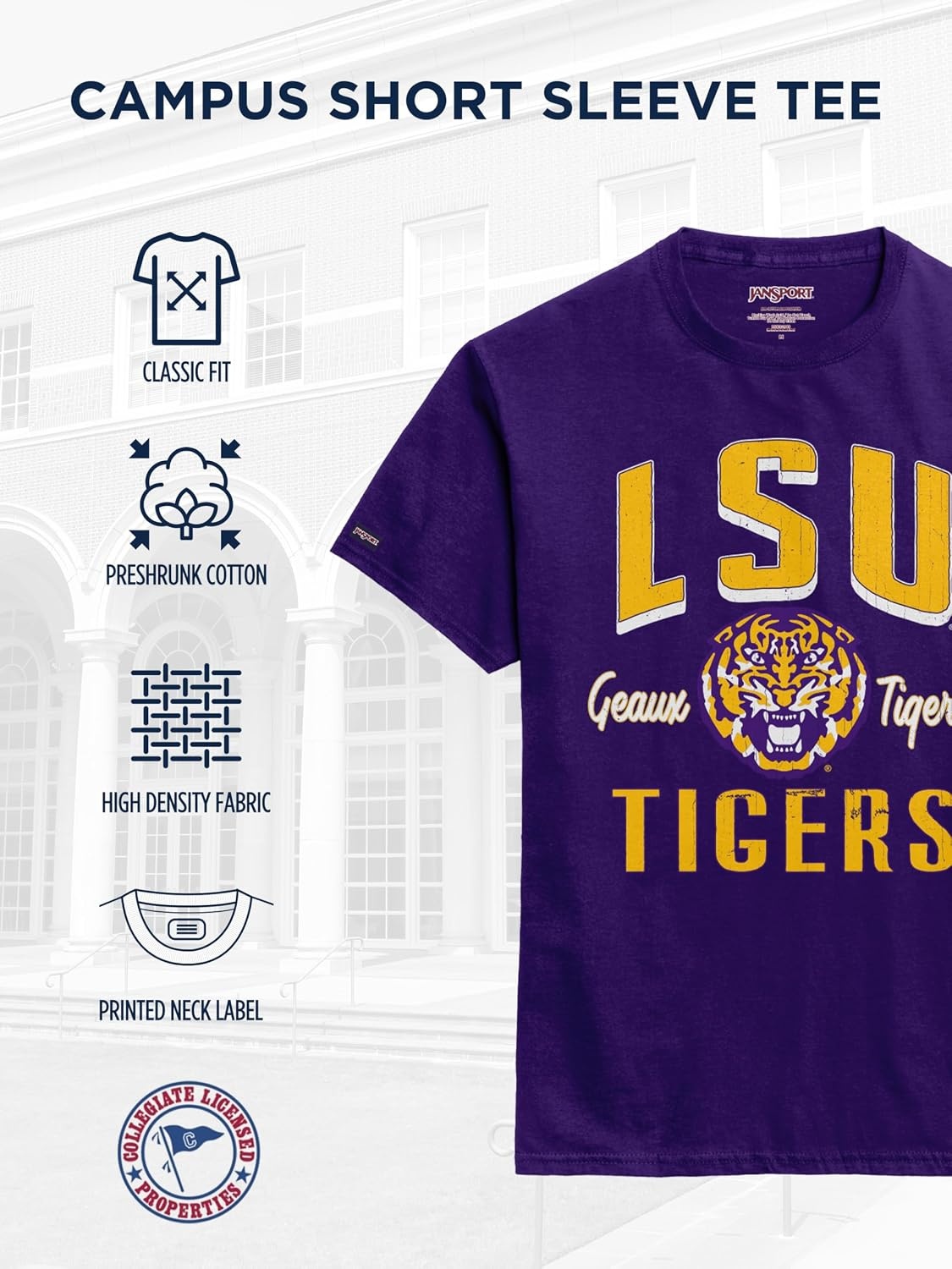 image:imageJanSport NCAA Officially Licensed Campus Short Sleeve T Shirt for Men Soft amp Breathable PreShrunk Cotton Crewneck T ShirtLSU Tigers