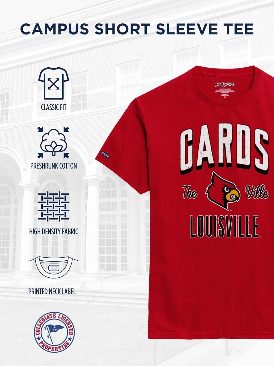 image:imageJanSport NCAA Officially Licensed Campus Short Sleeve T Shirt for Men Soft amp Breathable PreShrunk Cotton Crewneck T ShirtLouisville Cardinals