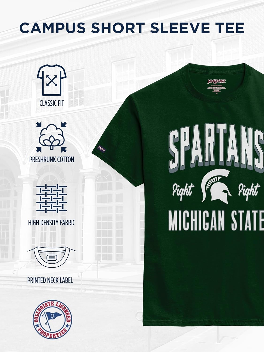 image:imageJanSport NCAA Officially Licensed Campus Short Sleeve T Shirt for Men Soft amp Breathable PreShrunk Cotton Crewneck T ShirtMichigan State Spartans