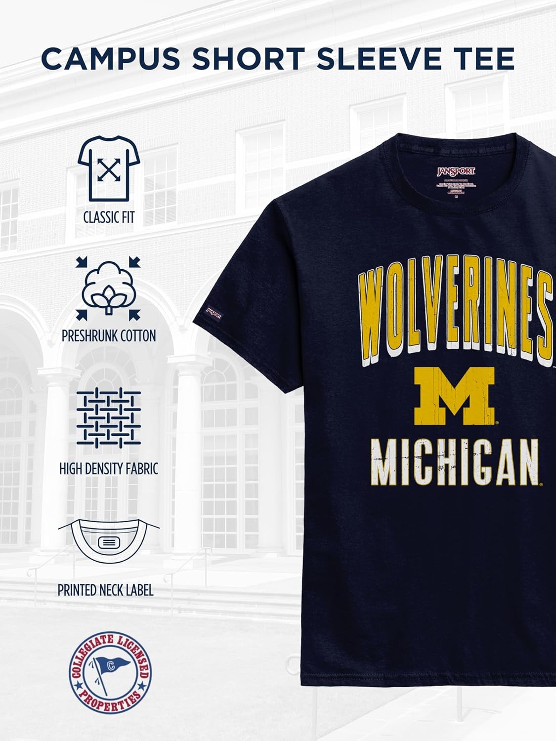 image:imageJanSport NCAA Officially Licensed Campus Short Sleeve T Shirt for Men Soft amp Breathable PreShrunk Cotton Crewneck T ShirtMichigan Wolverines