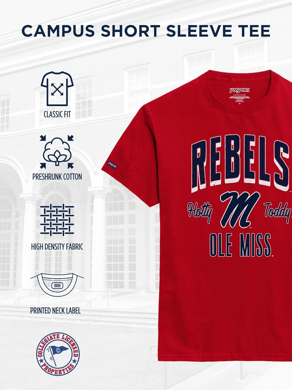 image:imageJanSport NCAA Officially Licensed Campus Short Sleeve T Shirt for Men Soft amp Breathable PreShrunk Cotton Crewneck T ShirtMississippi Old Miss Rebels